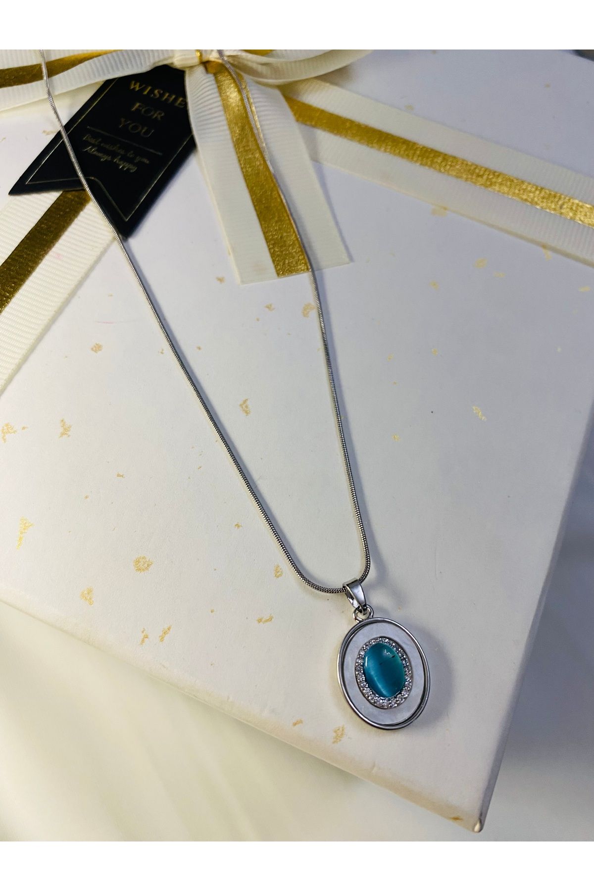 asem jewelry OVAL MAVİ VE ZİRKON TAŞ DETAYLI ÇELİK KOLYE
