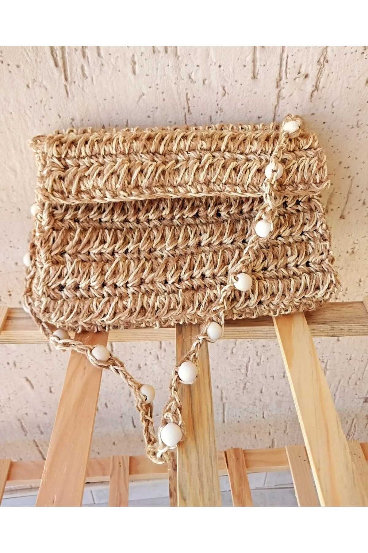 MODA El Örgüsü Ahşap Boncuklu Hasır Kağıt ip Bohem Çanta Plaj ve Günlük kullanım