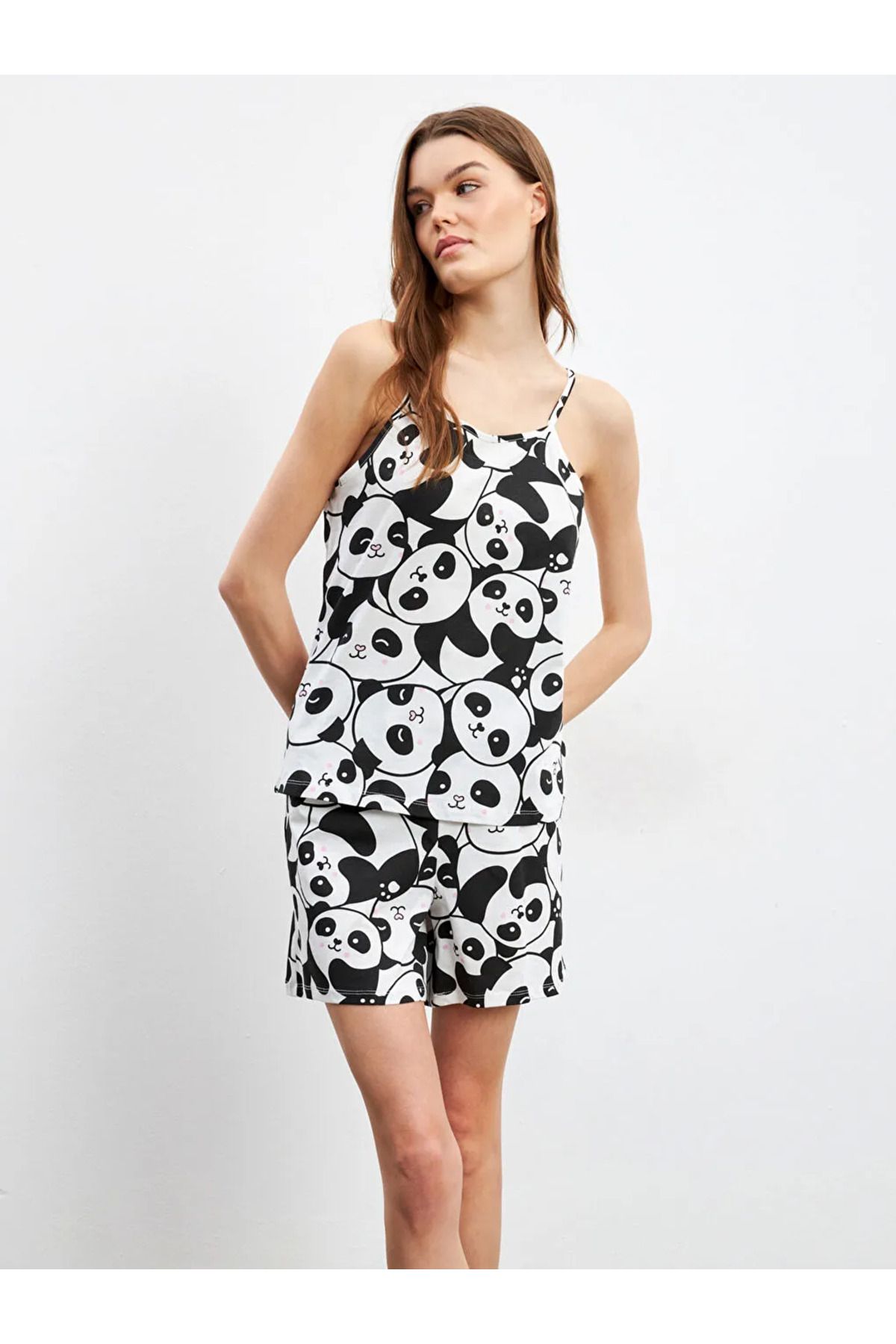 LC Waikiki LCW Young Ekru Panda Desenli Askılı Kadın Şortlu Pijama Takımı