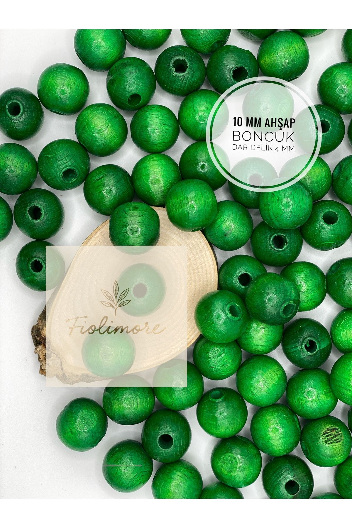 Fiolimore 10 mm Yeşil Ahşap Boncuk (50 Gram 140 Adet) Delik Çapı 4 mm Yuvarlak Dar Delik Renkli Tahta