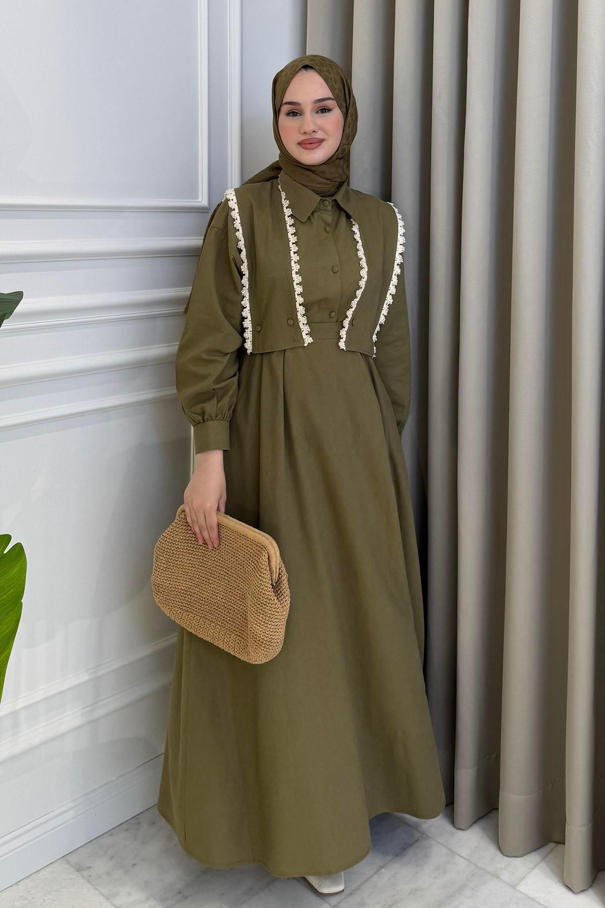 Beige Store Dantel Detaylı Gömlek-Jile Takım Yağ Yeşili
