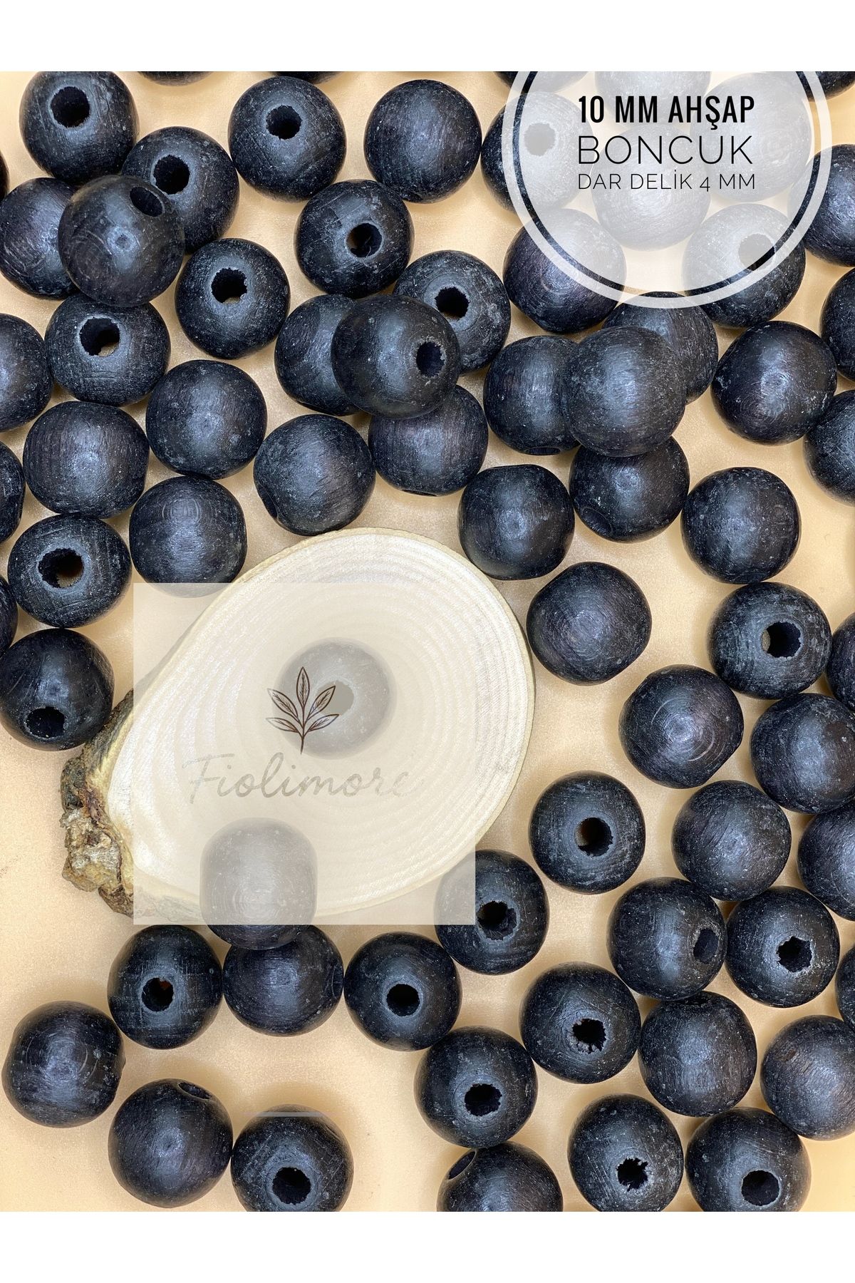 Fiolimore 10 mm Siyah Ahşap Boncuk (50 Gram 140 Adet) Delik Çapı 4 mm Yuvarlak Dar Delik Renkli Tahta