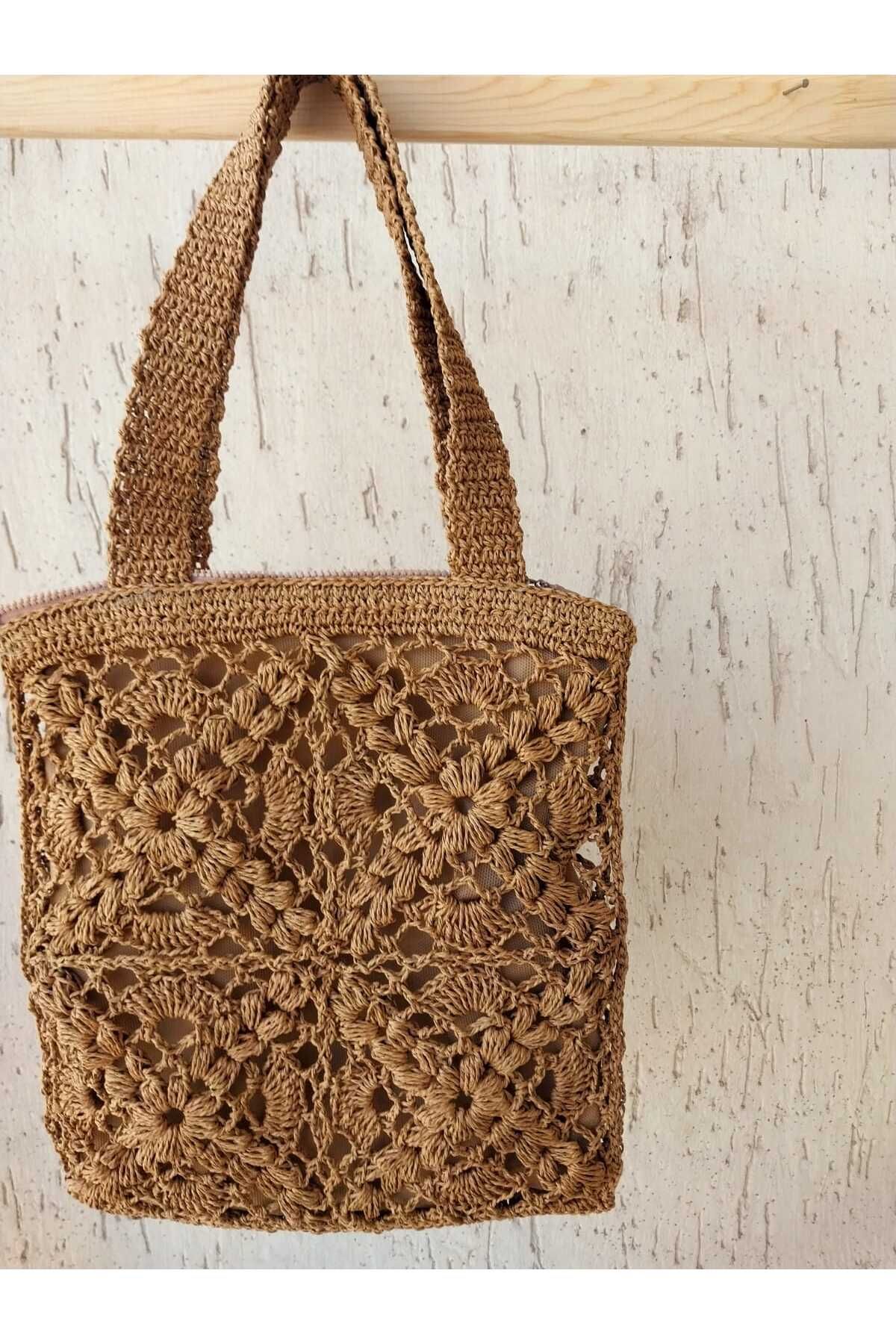 MODA El Örgüsü Motifli Kağıt İp Hasır Plaj Çantası