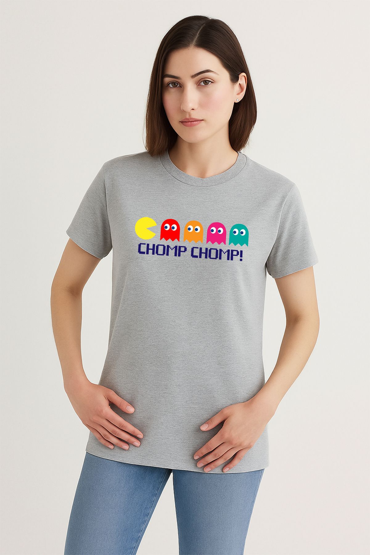 uniqwo Unisex Pacman Chomp %100 Pamuk Premium Regular Melanj Gri T-Shirt