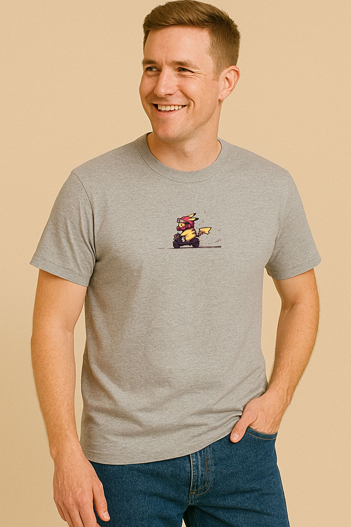 uniqwo Unisex Motorcu Pikachu %100 Pamuk Premium Regular Melanj Gri T-Shirt