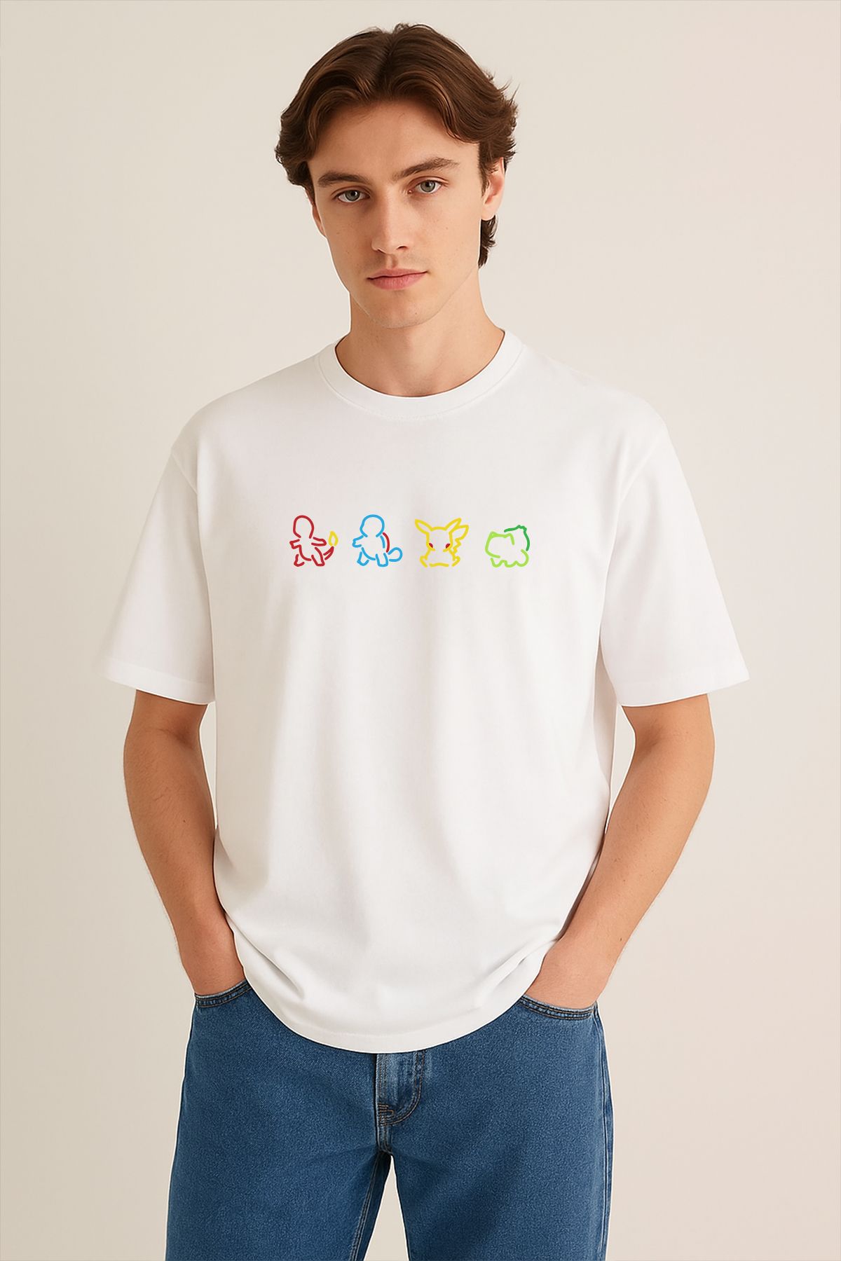 uniqwo Unisex Pokemon Karakter Siluet %100 Pamuk Premium Regular Beyaz T-Shirt