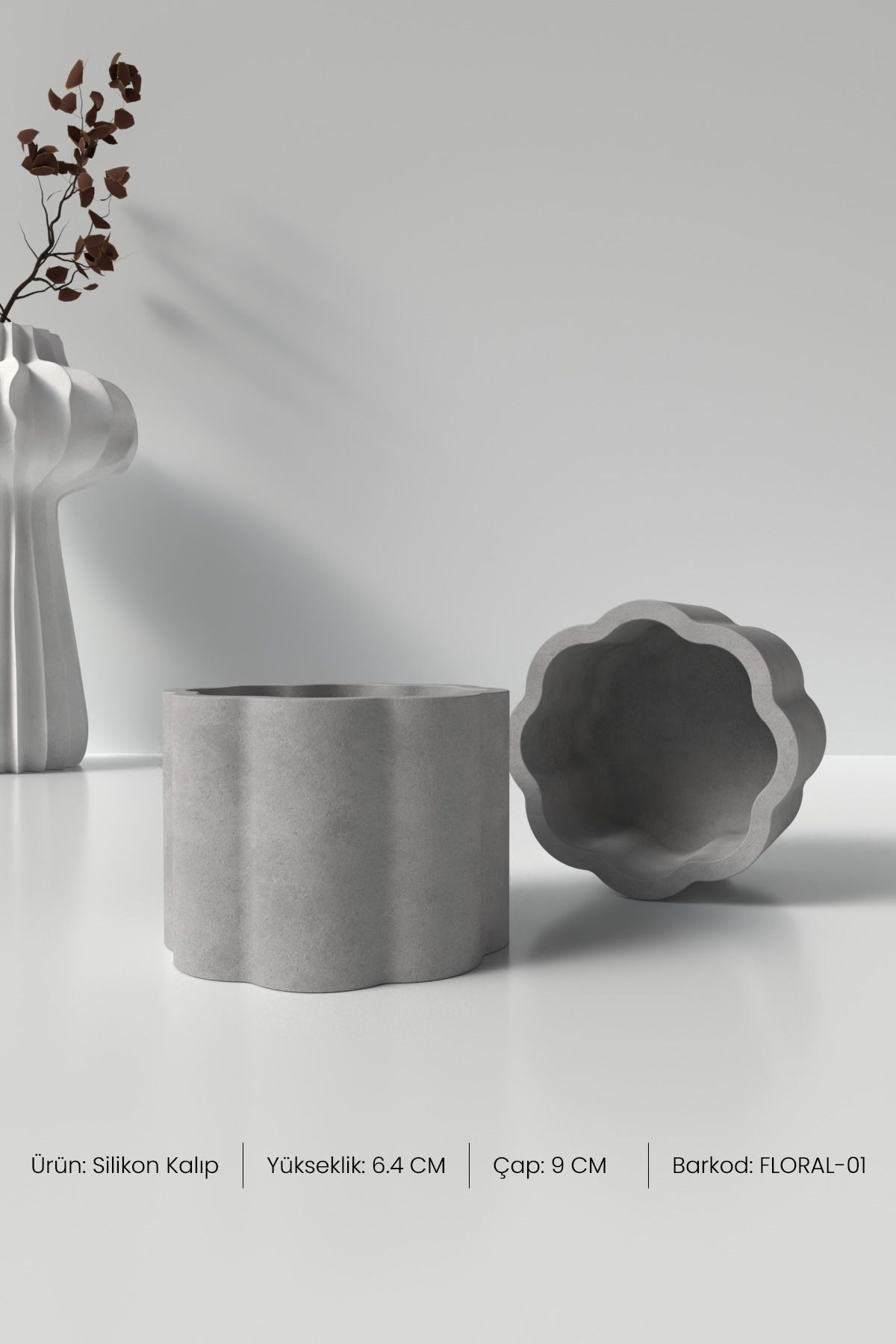 Cageartstudio Floral Mumluk ve Saksı Beton Silikon Kalıp - Dekoratif Mumluk Beton Kalıbı Çap 9cm Yükseklik 6.4cm