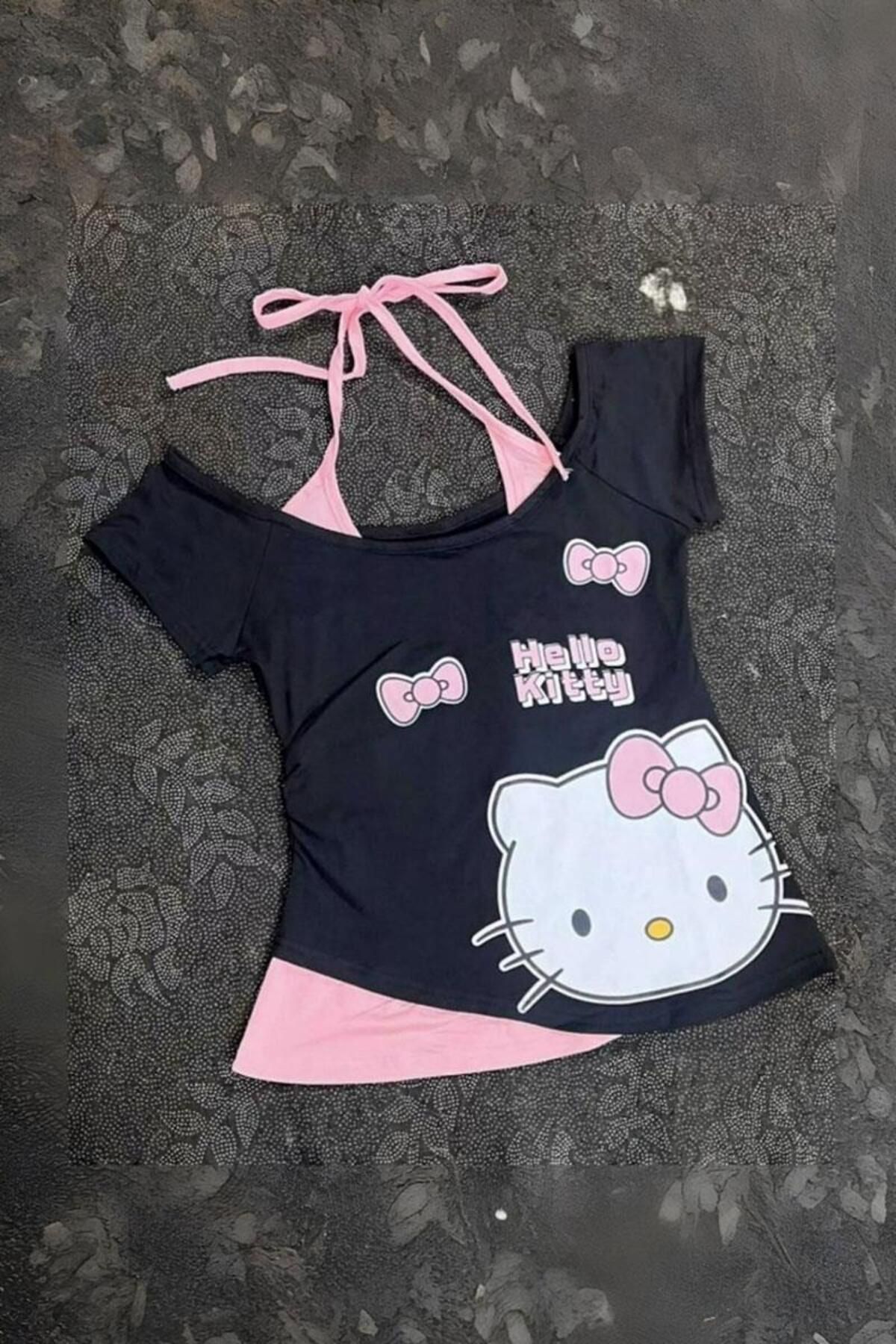 Pop Giyim Hello Kitty Ek Askılı Y2K Kısa Kollu Crop Tişört
