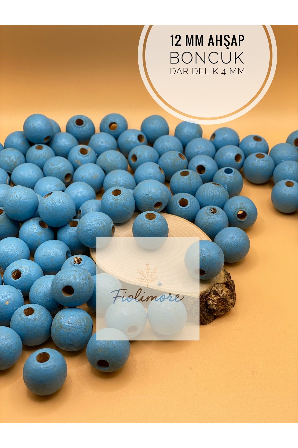 Fiolimore 12 mm Mavi Ahşap Boncuk (50 Gram 95 Adet) Delik Çapı 4 mm Yuvarlak Dar Delik Renkli Tahta