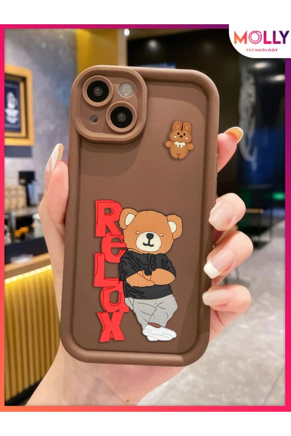 Molly iPhone 14 İçin Fallow Brown Kenarları Kalın 3d Kabartmalı Teddy Bear Silikon Kılıf