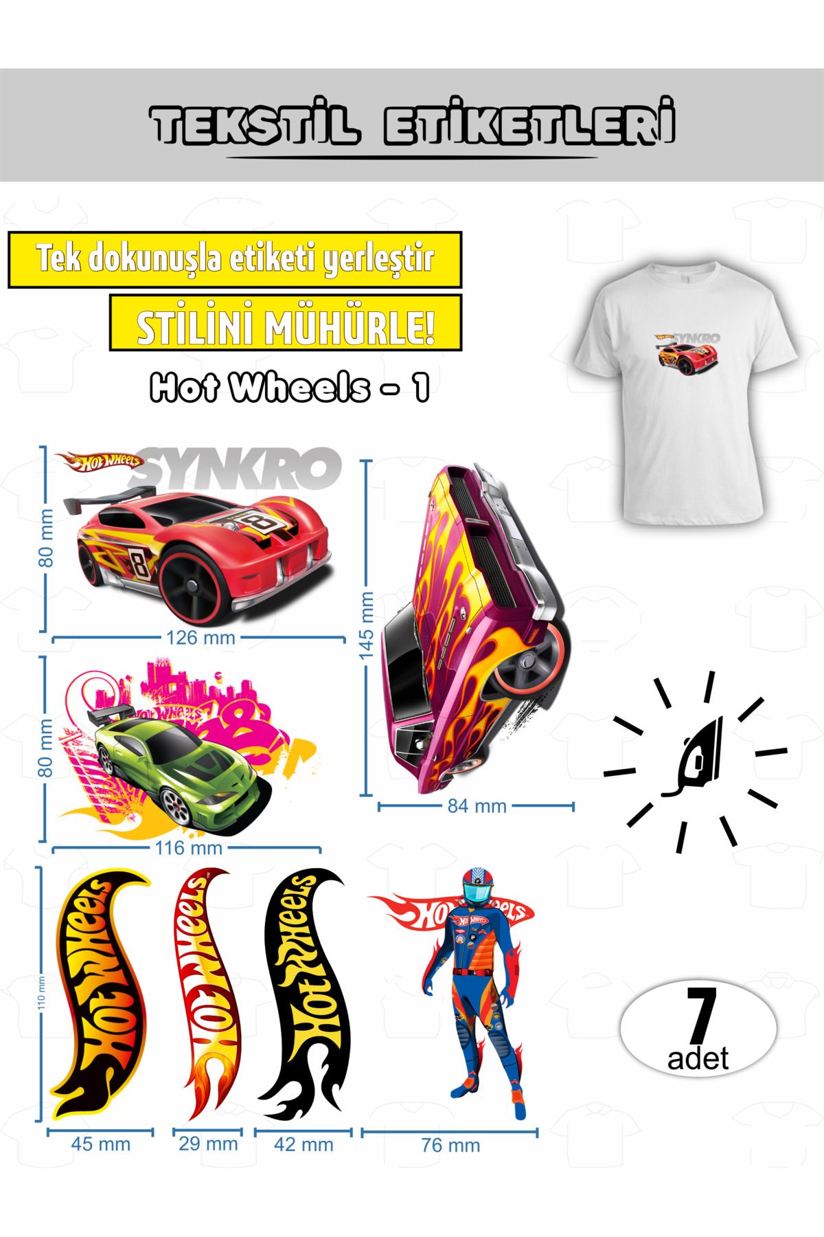 AGG Reklam Ütü ile Yapışan Kıyafet Etiketi HotWheels -1 7Li Set