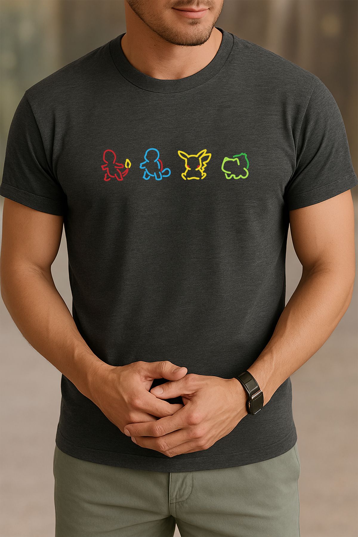 uniqwo Unisex Pokemon Karakter Siluet %100 Pamuk Premium Regular Koyu Gri T-Shirt