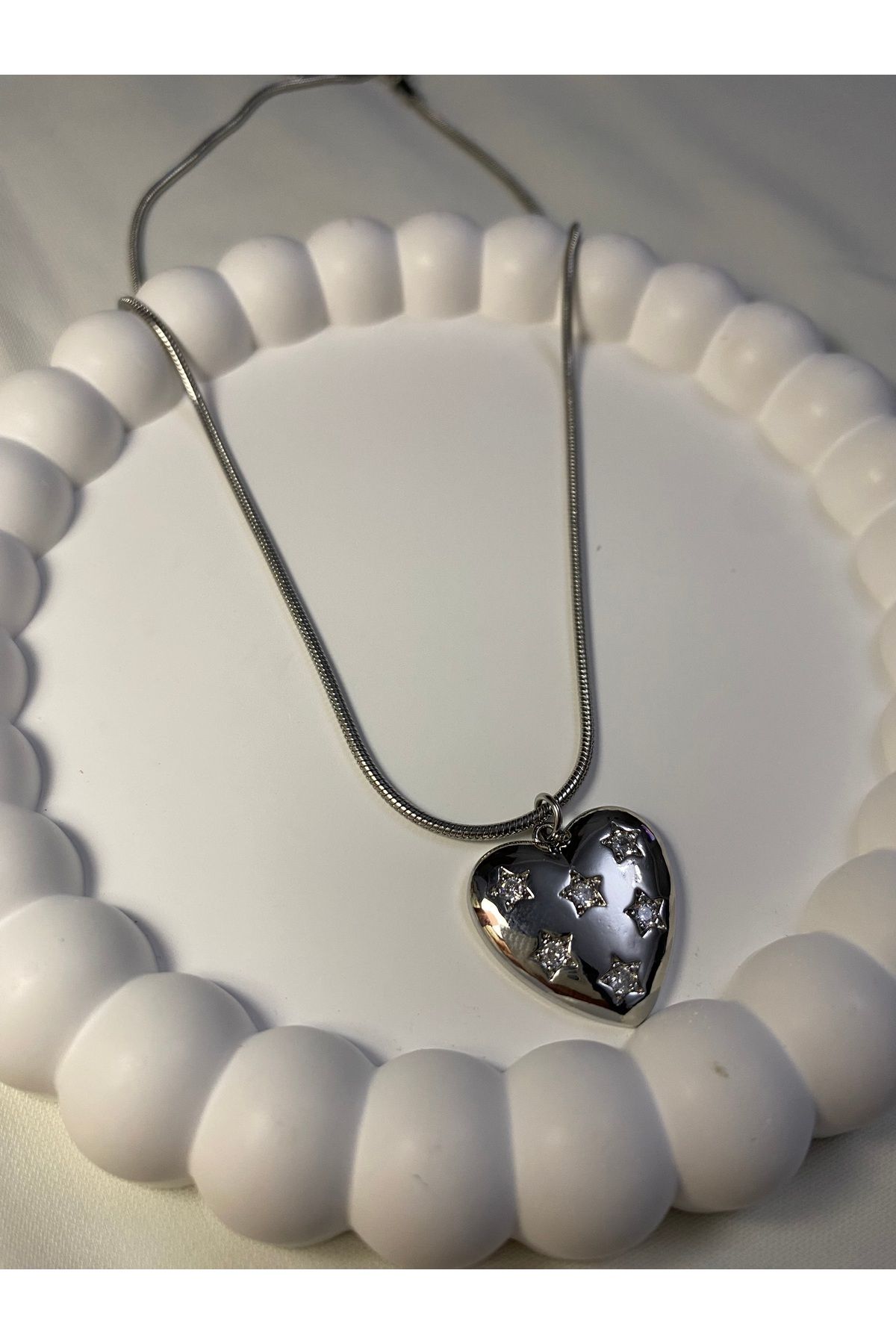 asem jewelry ZİRKON TAŞLI YILDIZ DESENLİ KALP ÇELİK KOLYE