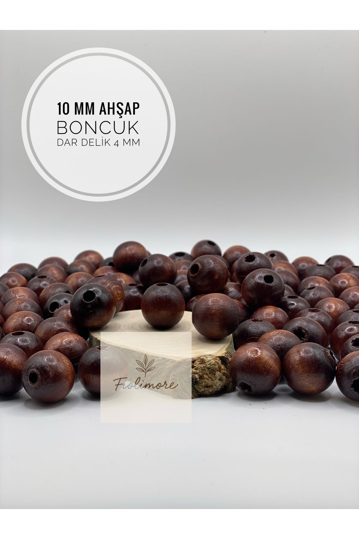 Fiolimore 10 mm Kahverengi Ahşap Boncuk (50 Gram 140 Adet) Delik Çapı 4 mm Yuvarlak Dar Delik Renkli Tahta