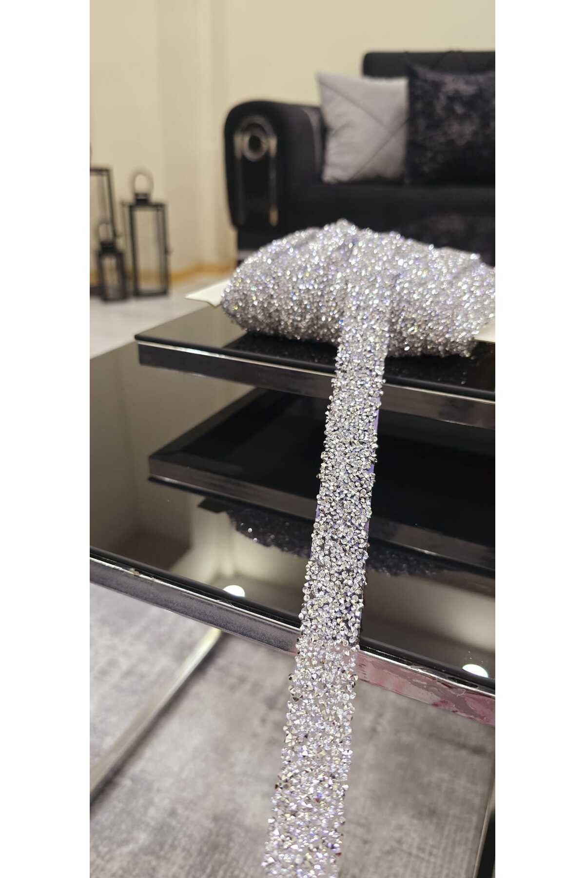 nano moda Ütüyle Yapışan Taşlı Şerit Aplik Gümüş Renk 2 Cm X 1 Metre Dekoratif Şerit