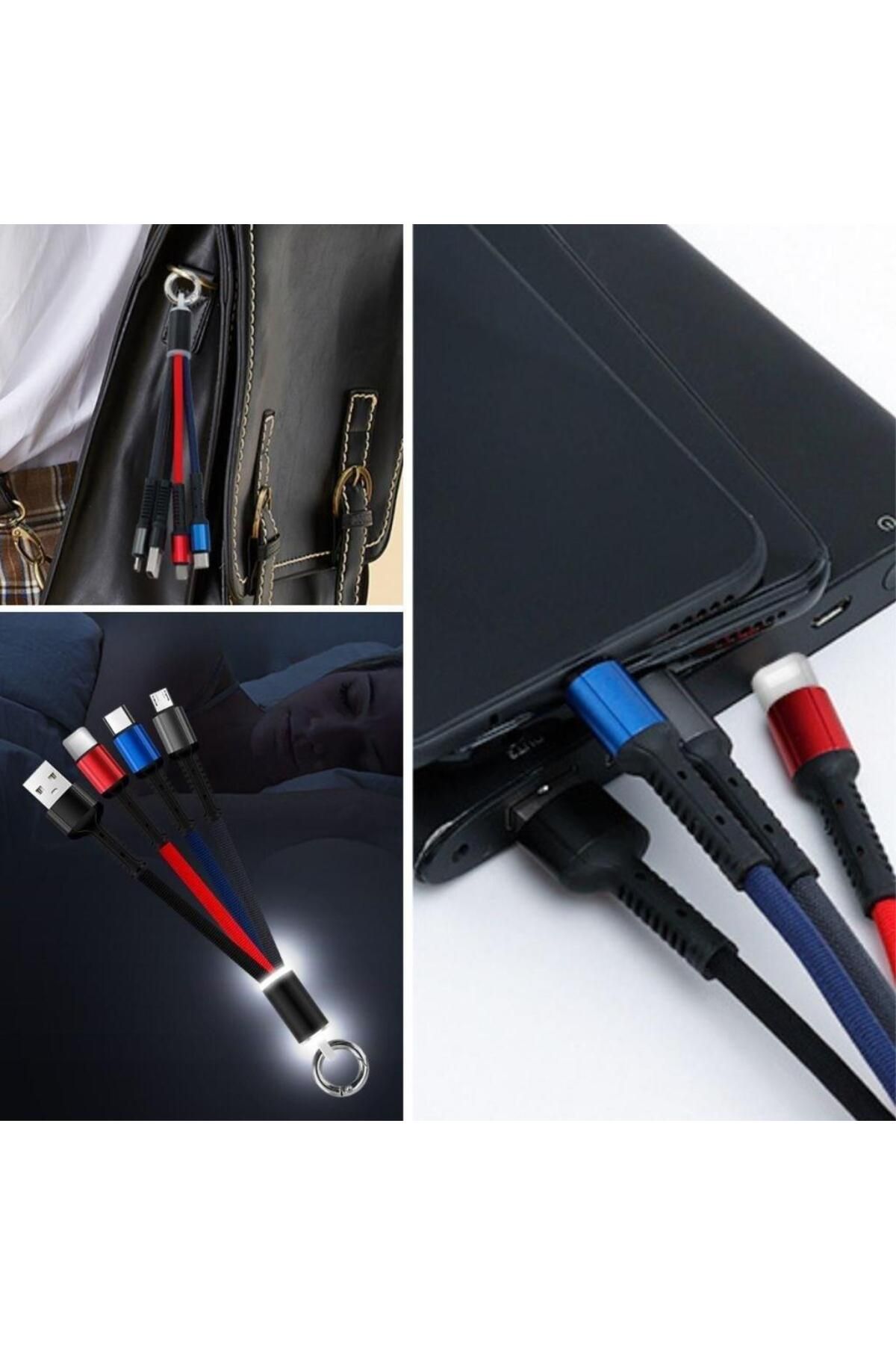 Aydoganticaret44 Işıklı Anahtarlık Model 3 in 1 USB Çıkışlı MİKRO,TYPE-C ve İphone Uyumlu Şarj Kablo
