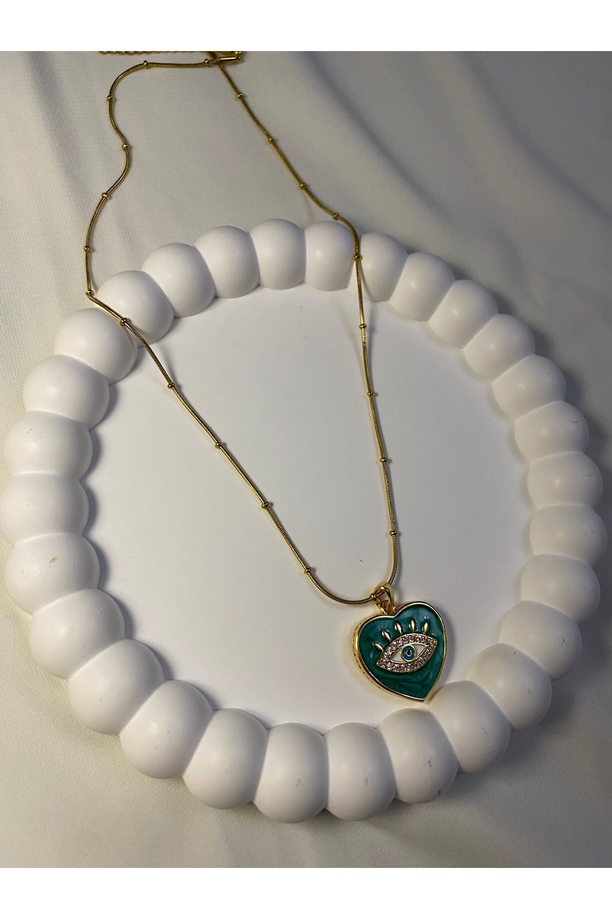 asem jewelry TURKUAZ MİNELİ GÖZ MOTİFLİ GOLD KALP ÇELİK KOLYE