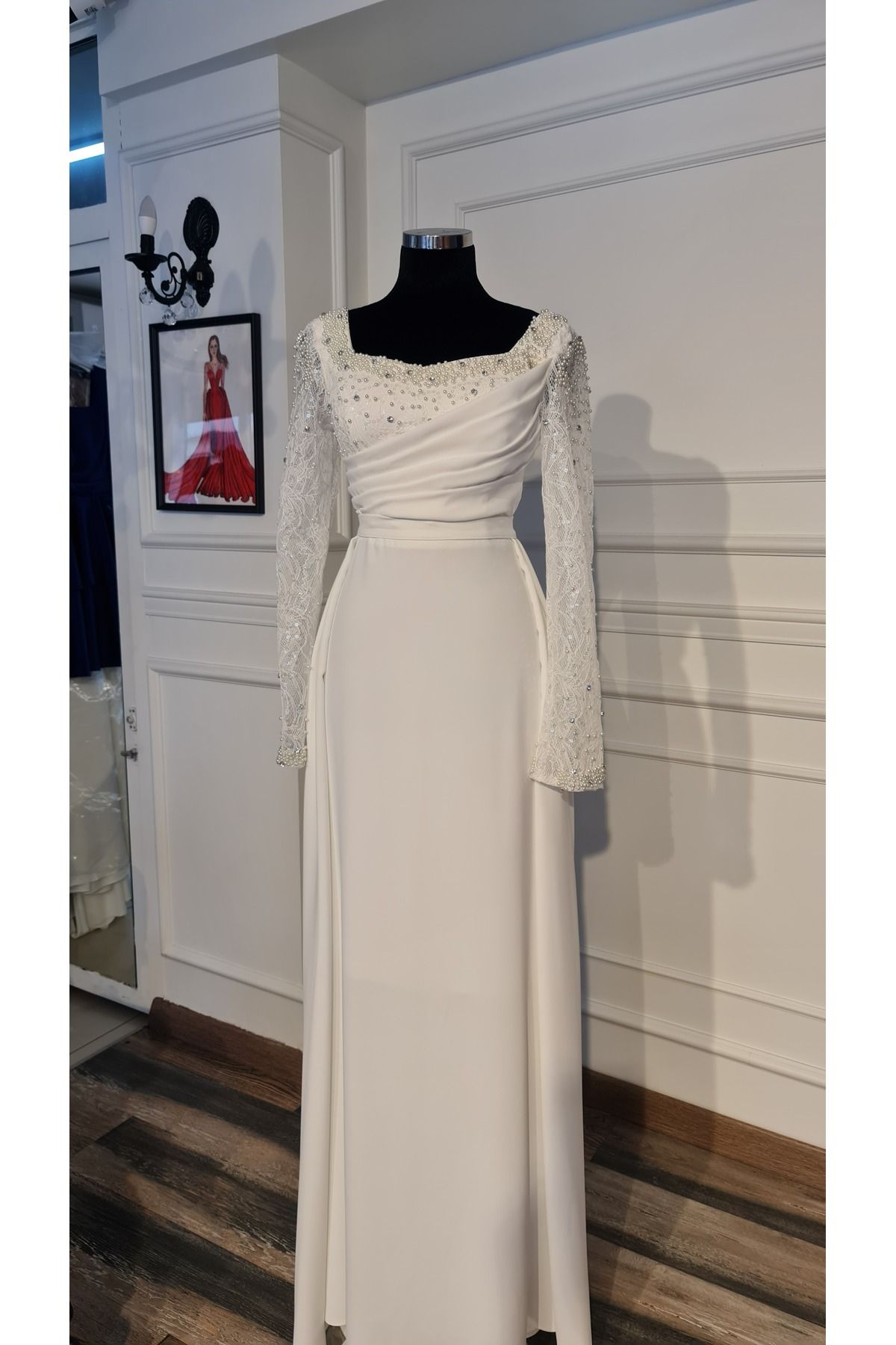 makbuleofficial Beyaz Dantel Detaylı,İnci İşlemeli,Söz Nişan Nikah Elbisesi