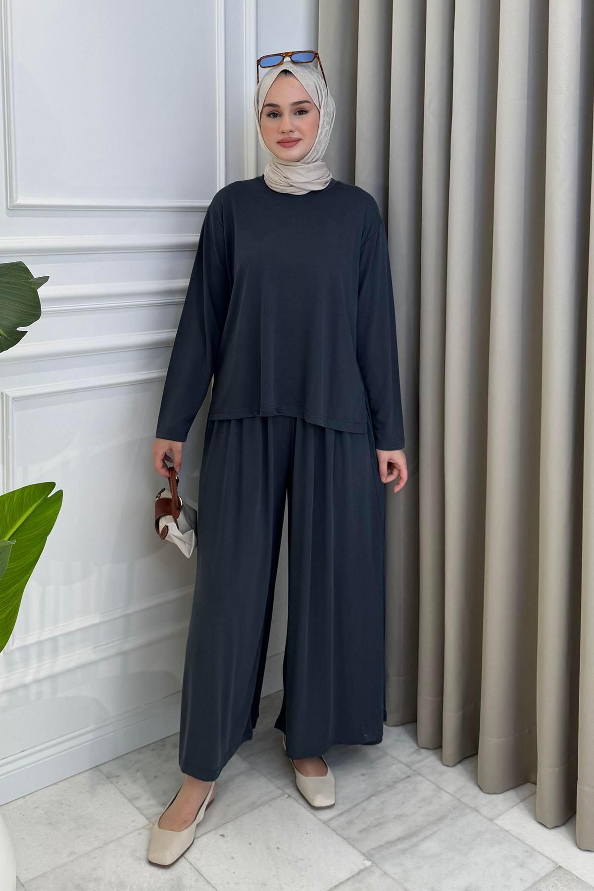 Beige Store Yandan Yırtmaçlı Bol Kesim Eşofman Takım Füme