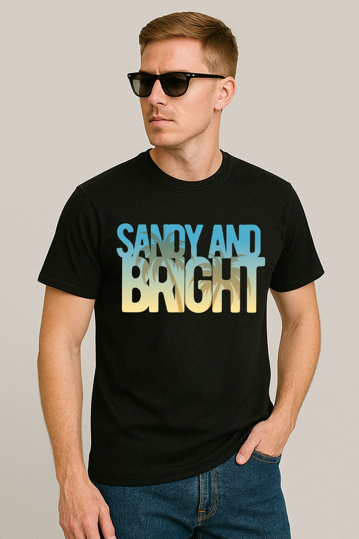 uniqwo Unisex Mavi Sandy Bright Plaj Yaz Temalı %100 Pamuk Premium Regular Siyah T-Shirt