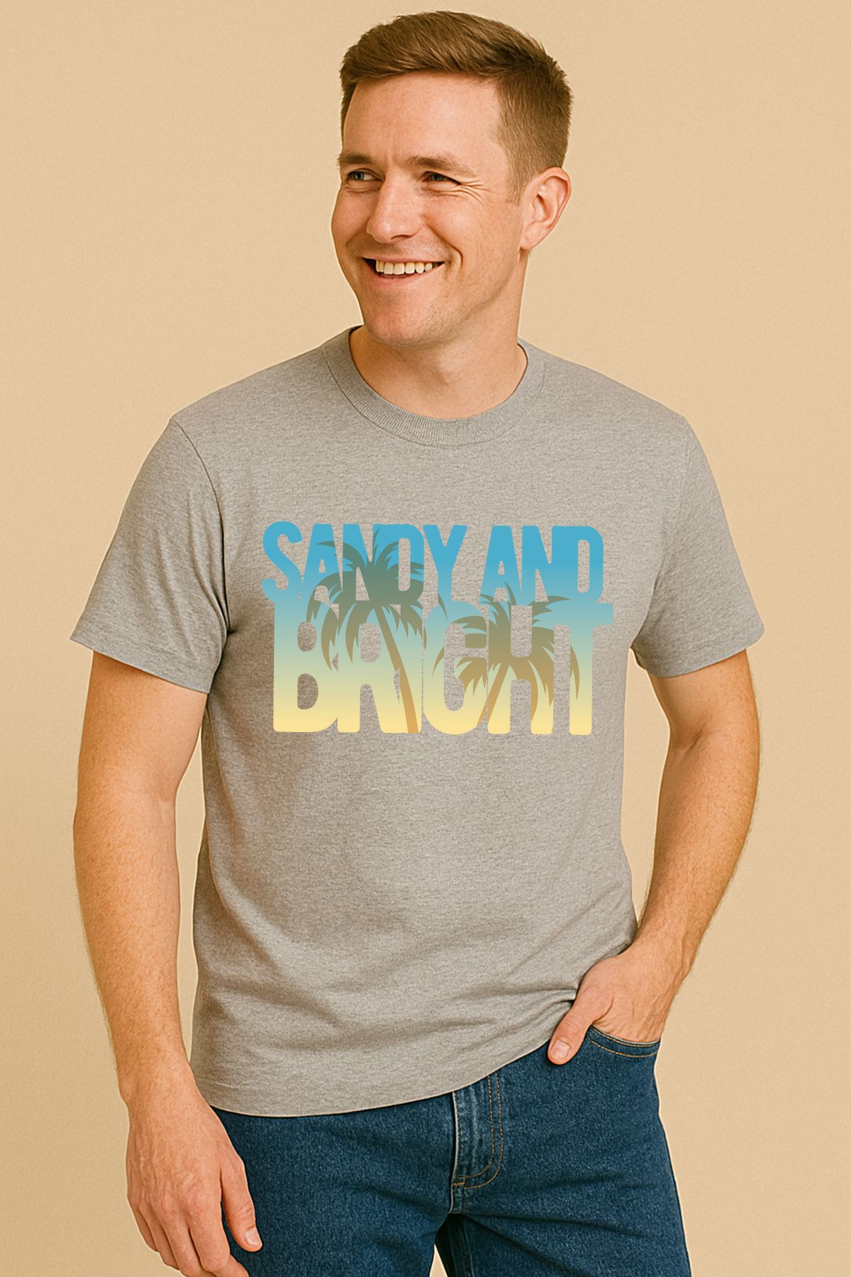 uniqwo Unisex Mavi Sandy Bright Plaj Yaz Temalı %100 Pamuk Premium Regular Melanj Gri T-Shirt