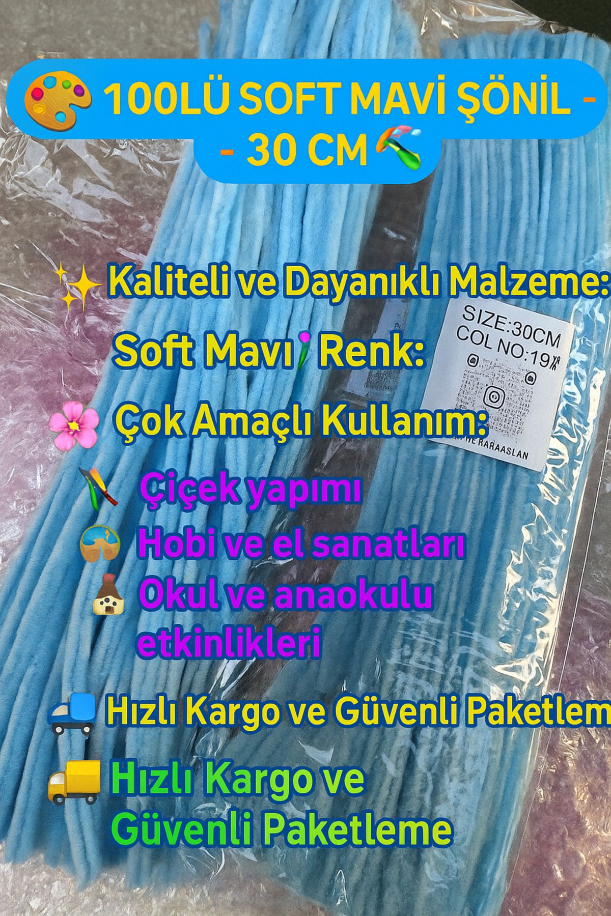 KARAASLAN 100’LÜ SOFT MAVİ ŞÖNİL - 30 CM | Çiçek Hobi, El Sanatları, Okul Etkinlikleri, Dekorasyon Malzeme