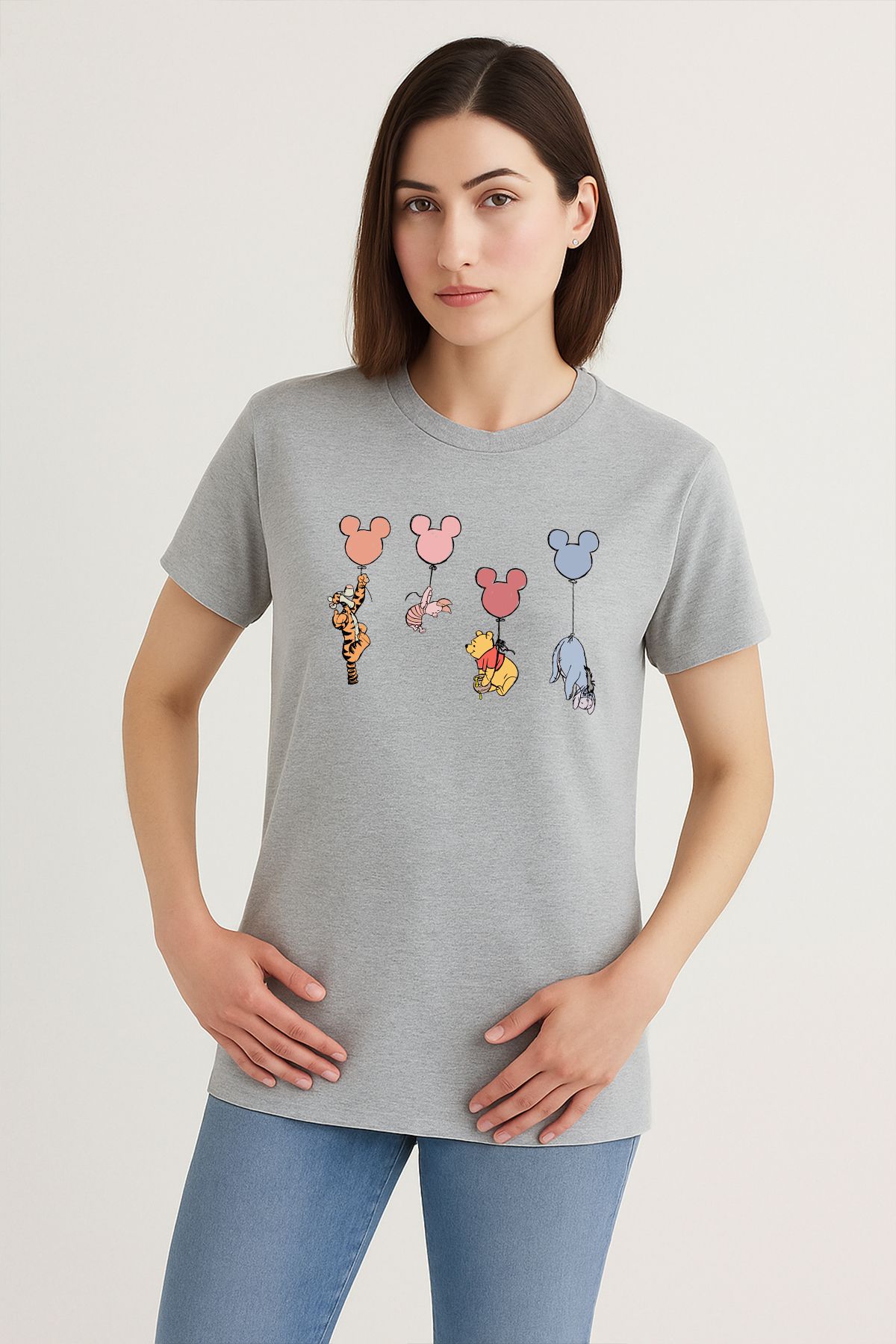 uniqwo Unisex Winnie the Pooh Baskılı %100 Pamuk Premium Regular Melanj Gri T-Shirt