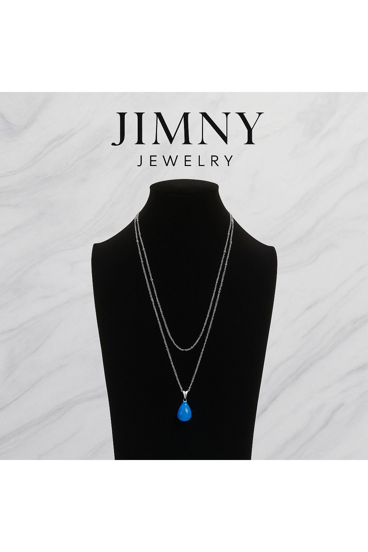 JİMNY JEWELRY Pelot Silver Damla Kesim Mavi Kedi Gözü Uçlu Kolye