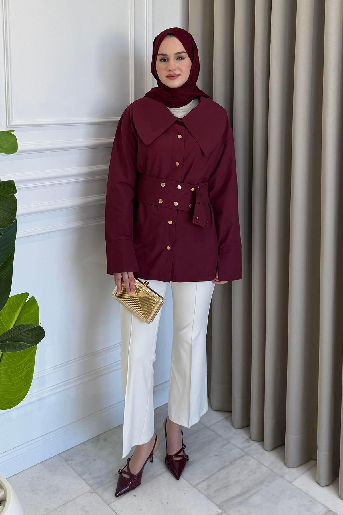 Beige Store Çıtçıt Kemer Detaylı Gömlek Bordo