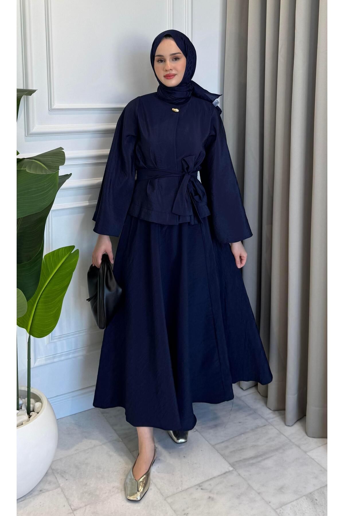 Beige Store Belden Kuşaklı Etek Takım Lacivert