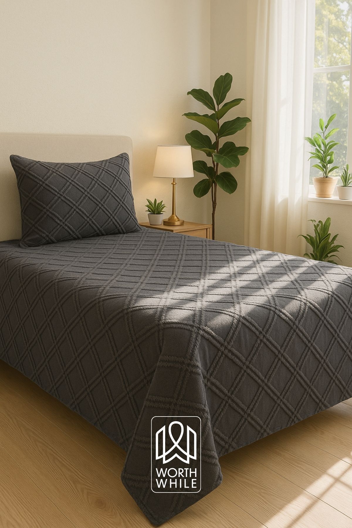 WorthWhile Vera Tek Kişilik Yatak Örtüsü 180x240 | Antrasit Şönil Kumaş, Baklava Desen, Yumuşak Dokulu