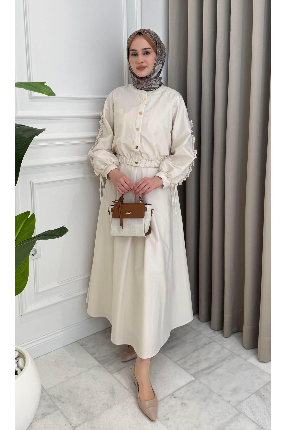 Beige Store Kol Büzgülü Jileli Elbise Takım Taş
