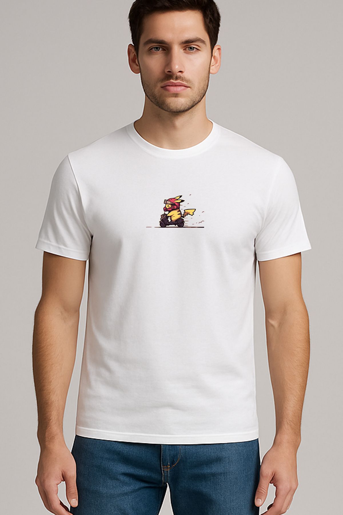 uniqwo Unisex Motorcu Pikachu %100 Pamuk Premium Regular Beyaz T-Shirt