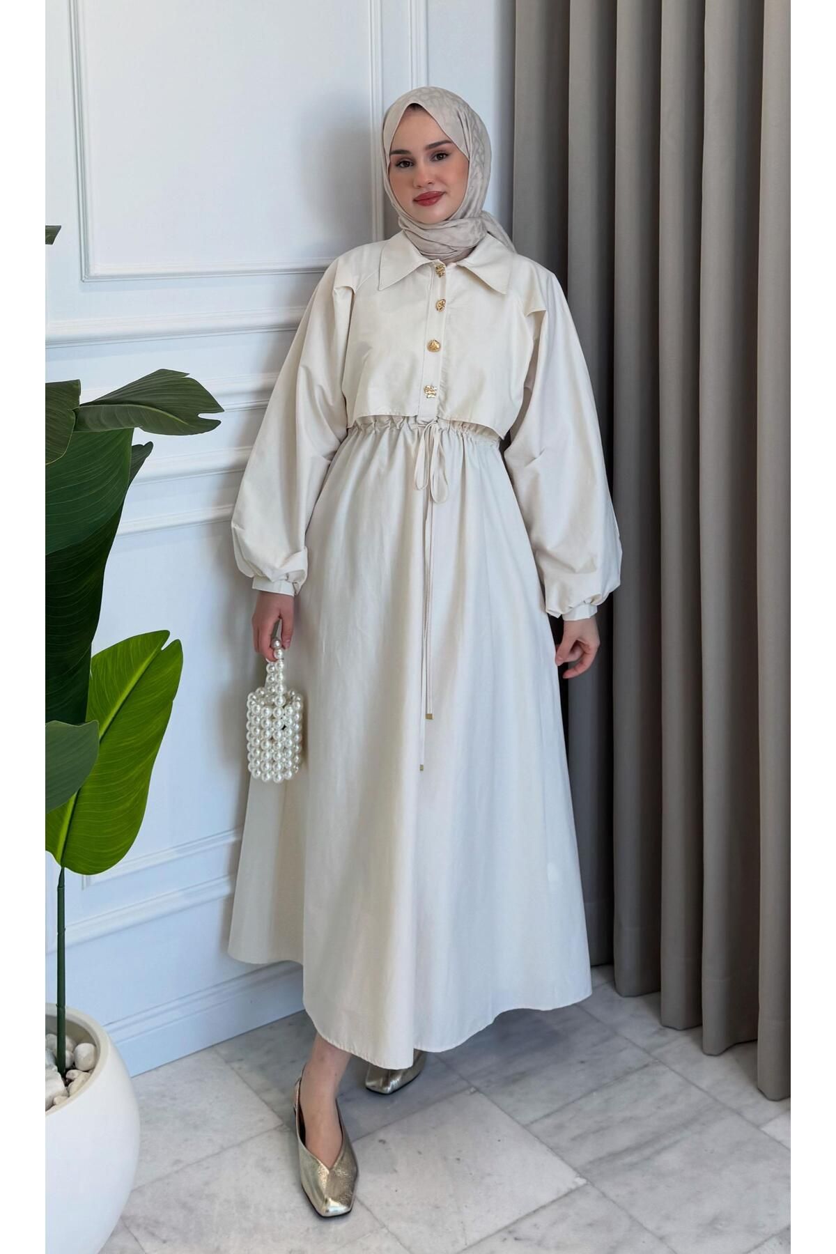 Beige Store Tünel Bağlamalı Astarlı Elbise Taş