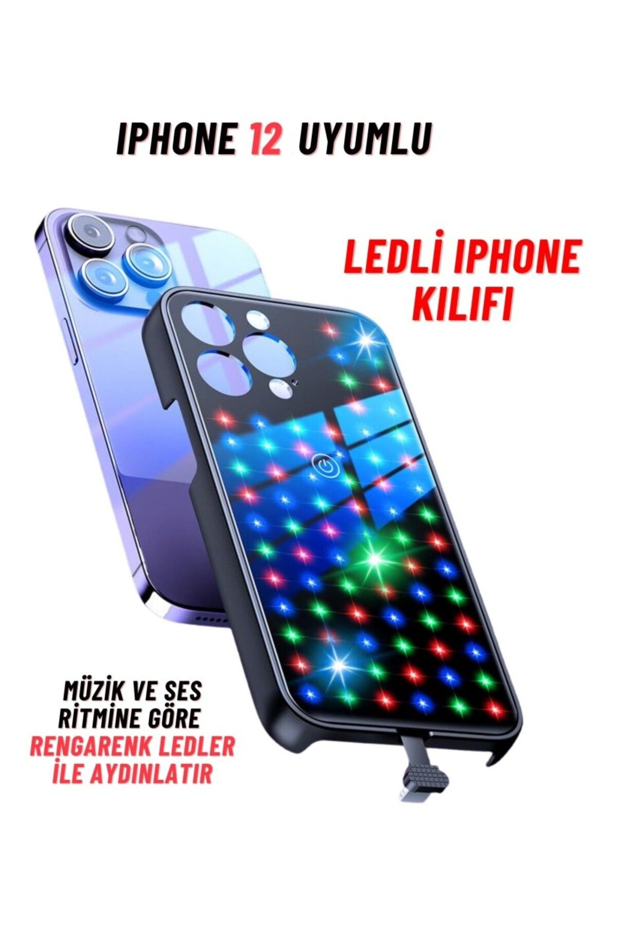 Aydoganticaret44 Apple Iphone 12 Uyumlu Rgb LED Işıklı Siyah Telefon Kılıfı