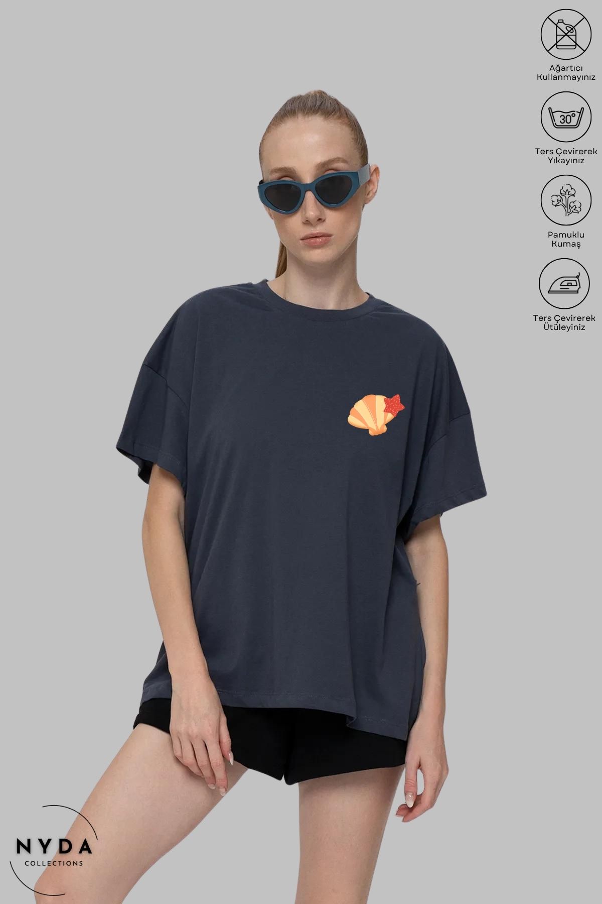 Nyda Collections Kadın Bisiklet Yaka Deniz Kabuğu Baskılı Pamuk Oversize Kısa Kollu Tişört