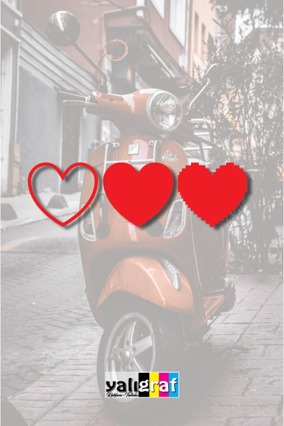 yalıgraf 3'lü Kırmızı Kalp Oto Sticker Motor Kask Sticker 12x3,5 cm