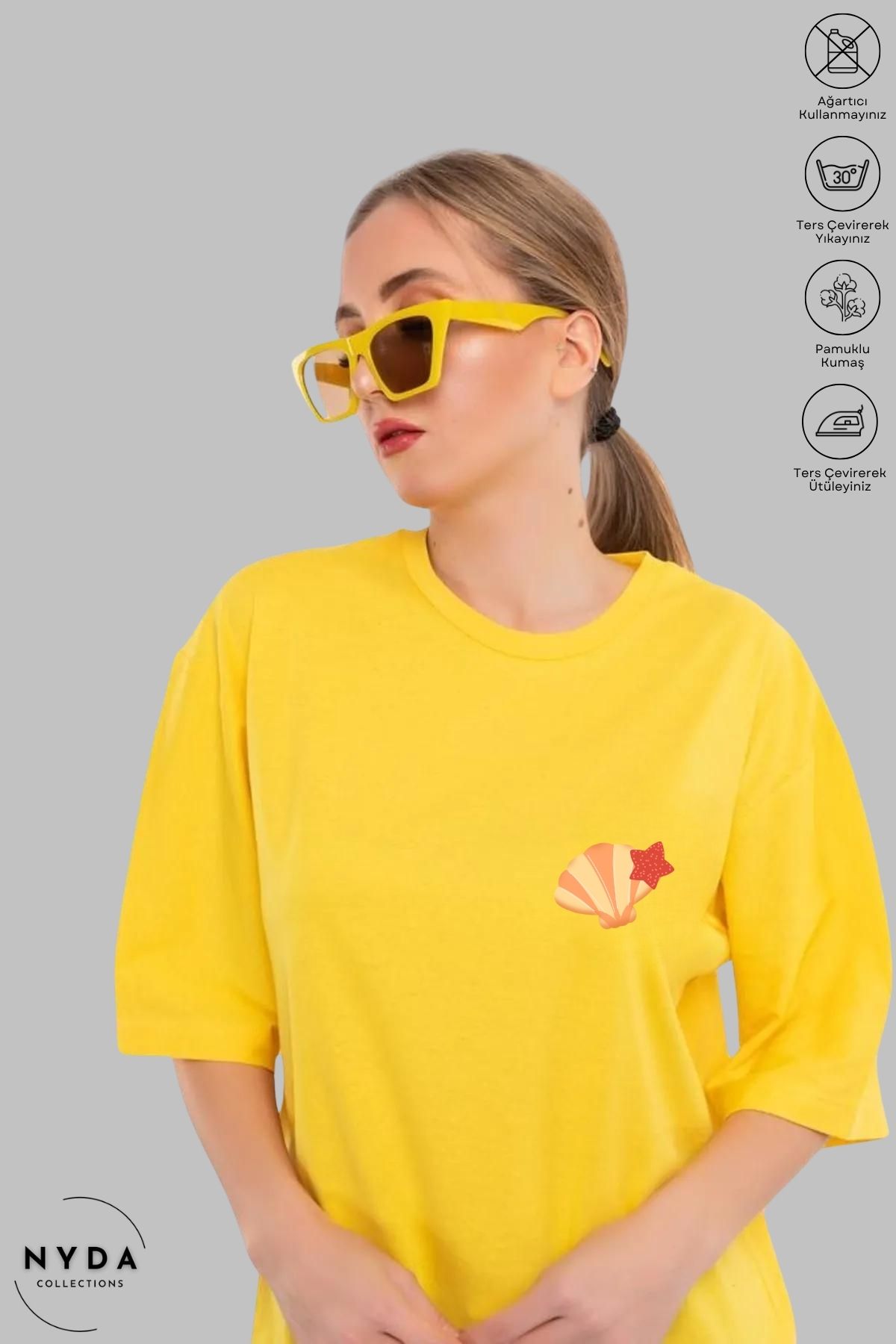 Nyda Collections Kadın Bisiklet Yaka Deniz Kabuğu Baskılı Pamuk Oversize Kısa Kollu Tişört