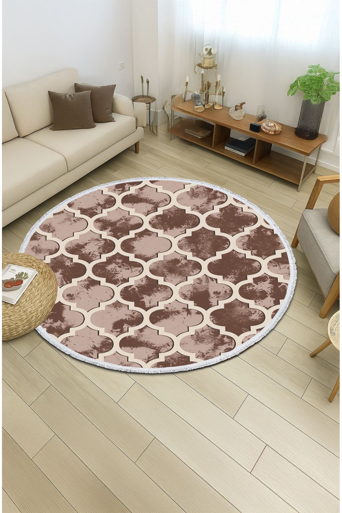 TNYLOF Yuvarlak Halı – Geometrik Desenli Kahverengi | Pamuklu ve Kaymaz Tabanlı Modern Halı