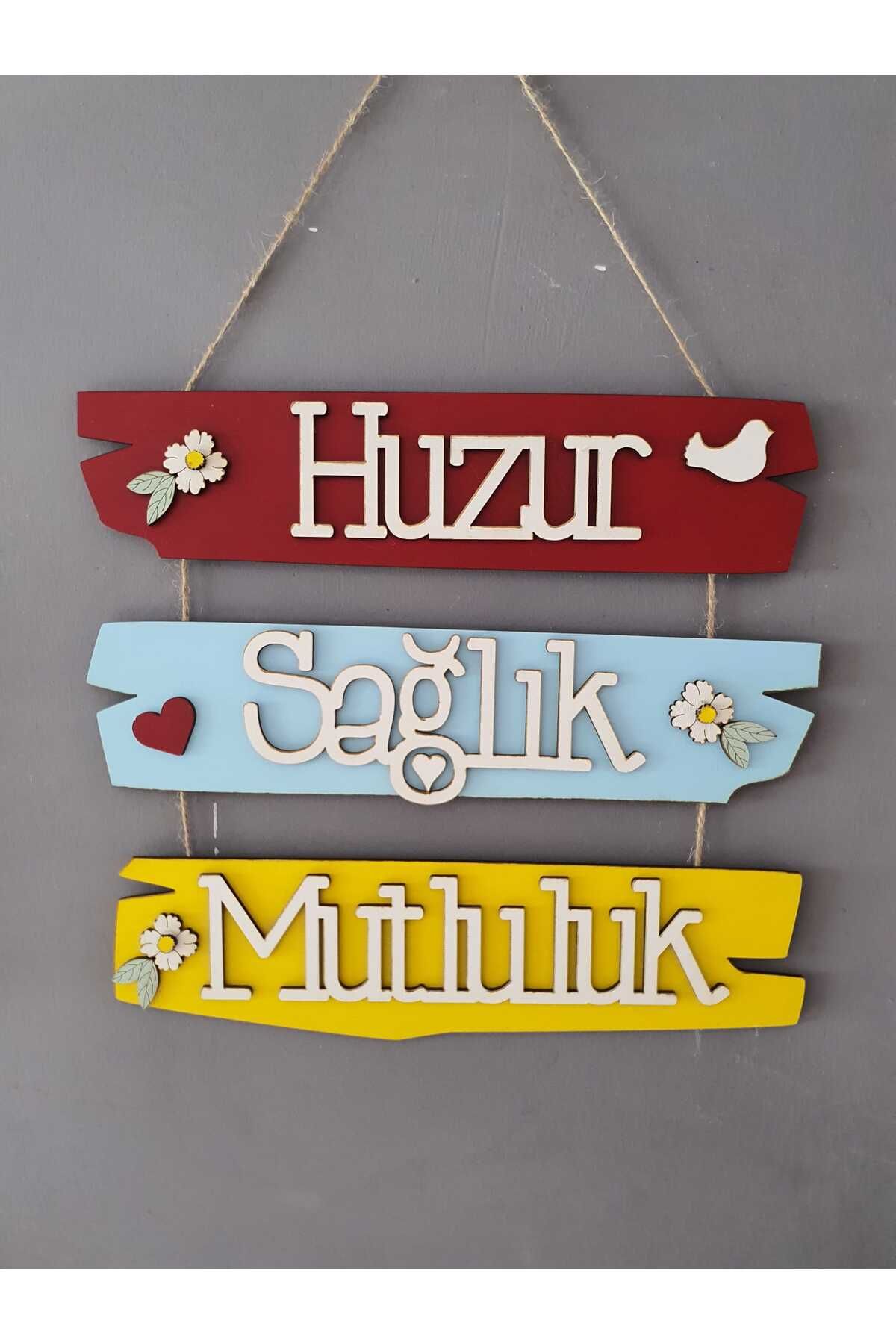 HD Different Tablo seti 3'lü Pano seti " Huzur Sağlık Mutluluk " Ahşap Duvar Süsü