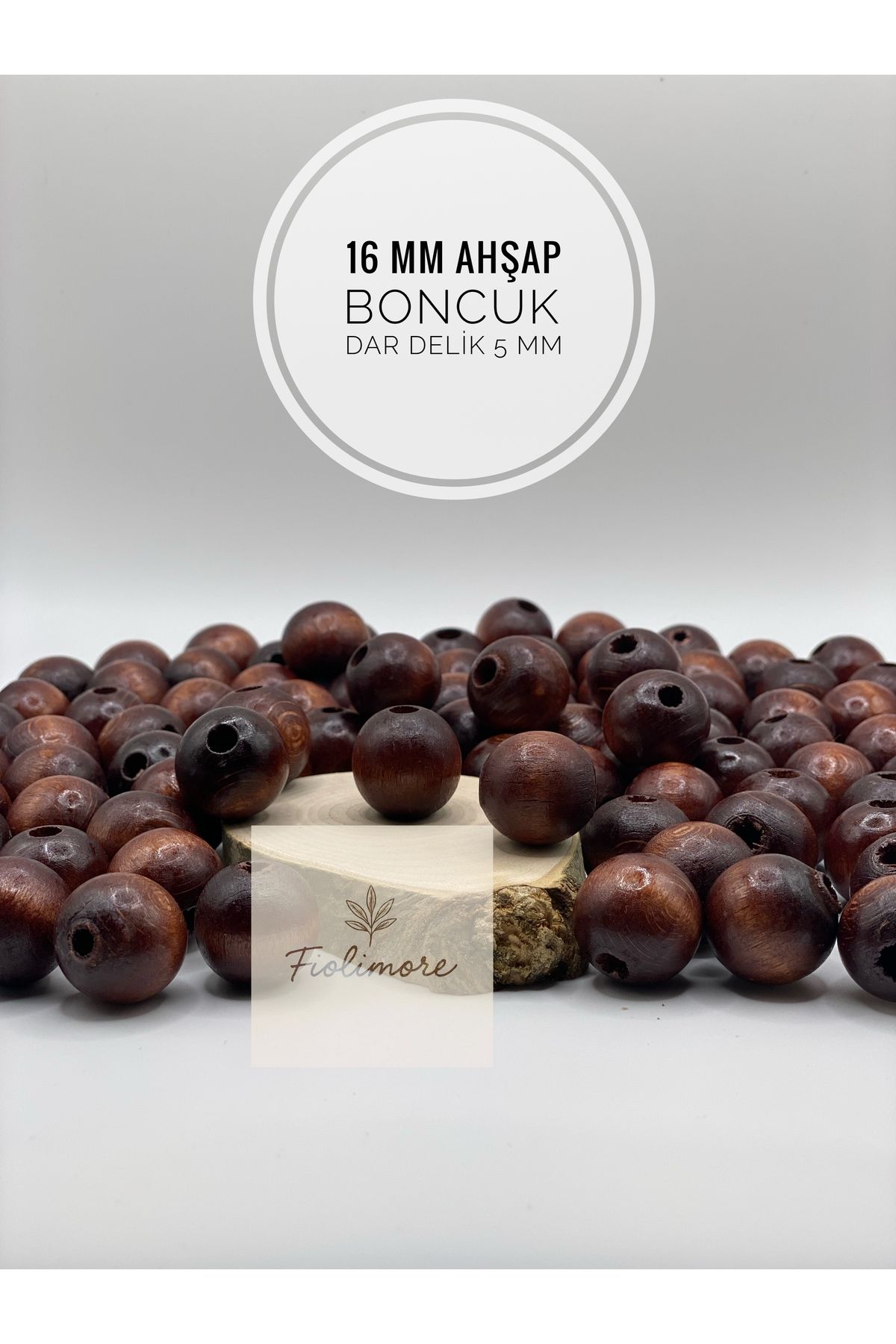 Fiolimore 16 mm Kahverengi Ahşap Boncuk (50 Gram 35 Adet) Delik Çapı 5 mm Yuvarlak Dar Delik Renkli Tahta