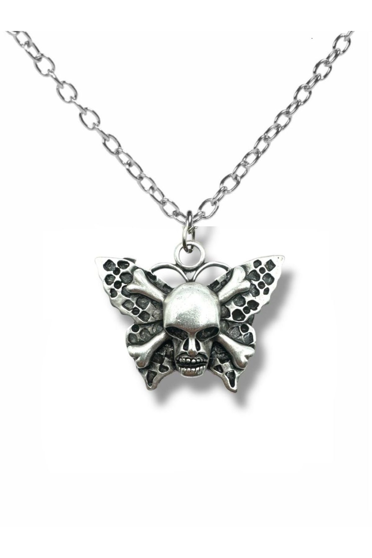 Herşey Nota Skull and Butterfly Figürlü Unisex Kolye | Kuru Kafa ve Kelebek Tasarım | Gotik Tarz |60 cm Zincir