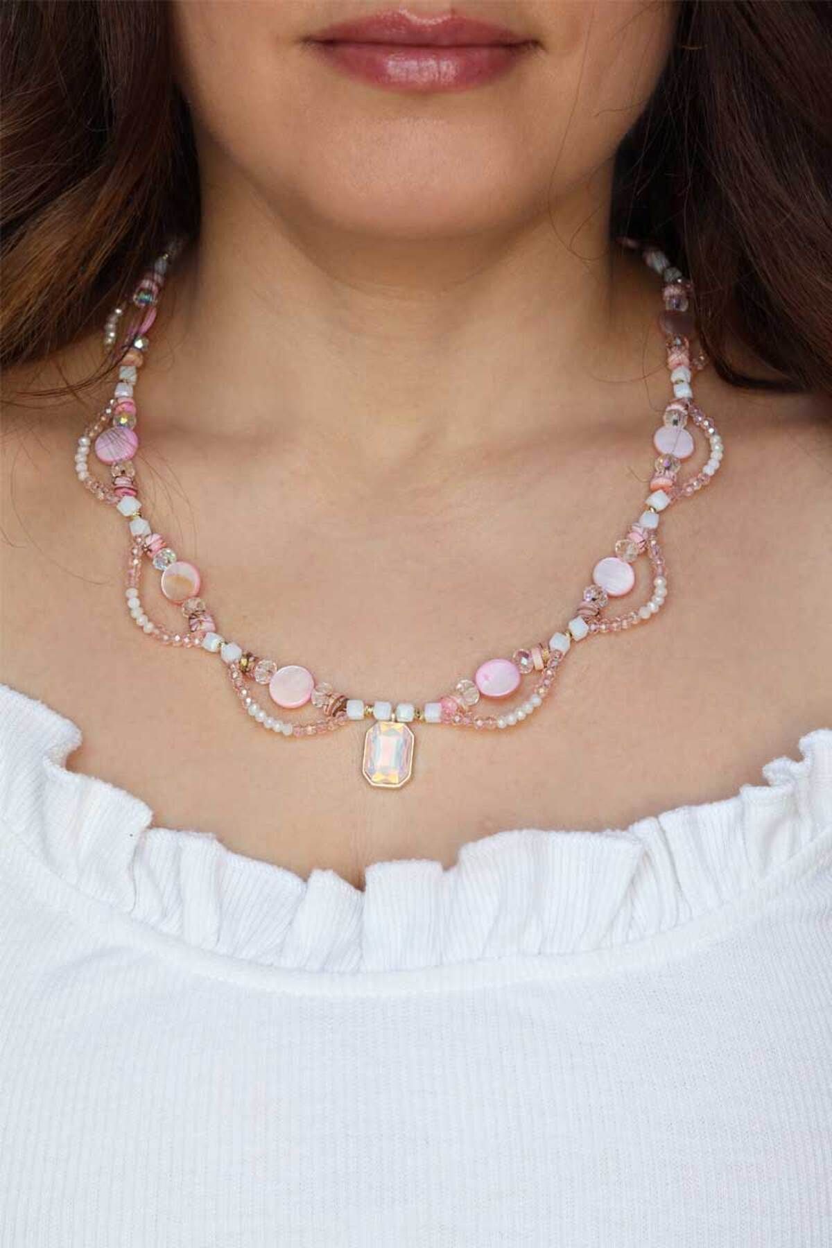 DHARMONYCO Pembe Taşlı Sarmal Boncuklu El Yapımı Kolye