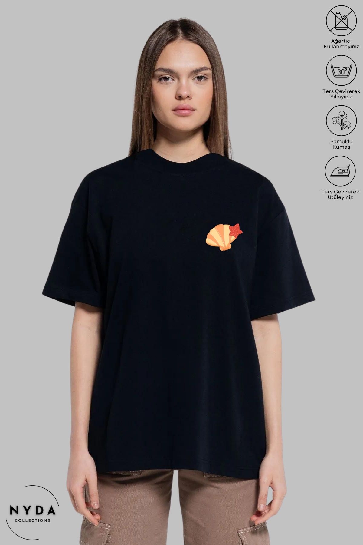 Nyda Collections Kadın Bisiklet Yaka Deniz Kabuğu Baskılı Pamuk Oversize Kısa Kollu Tişört