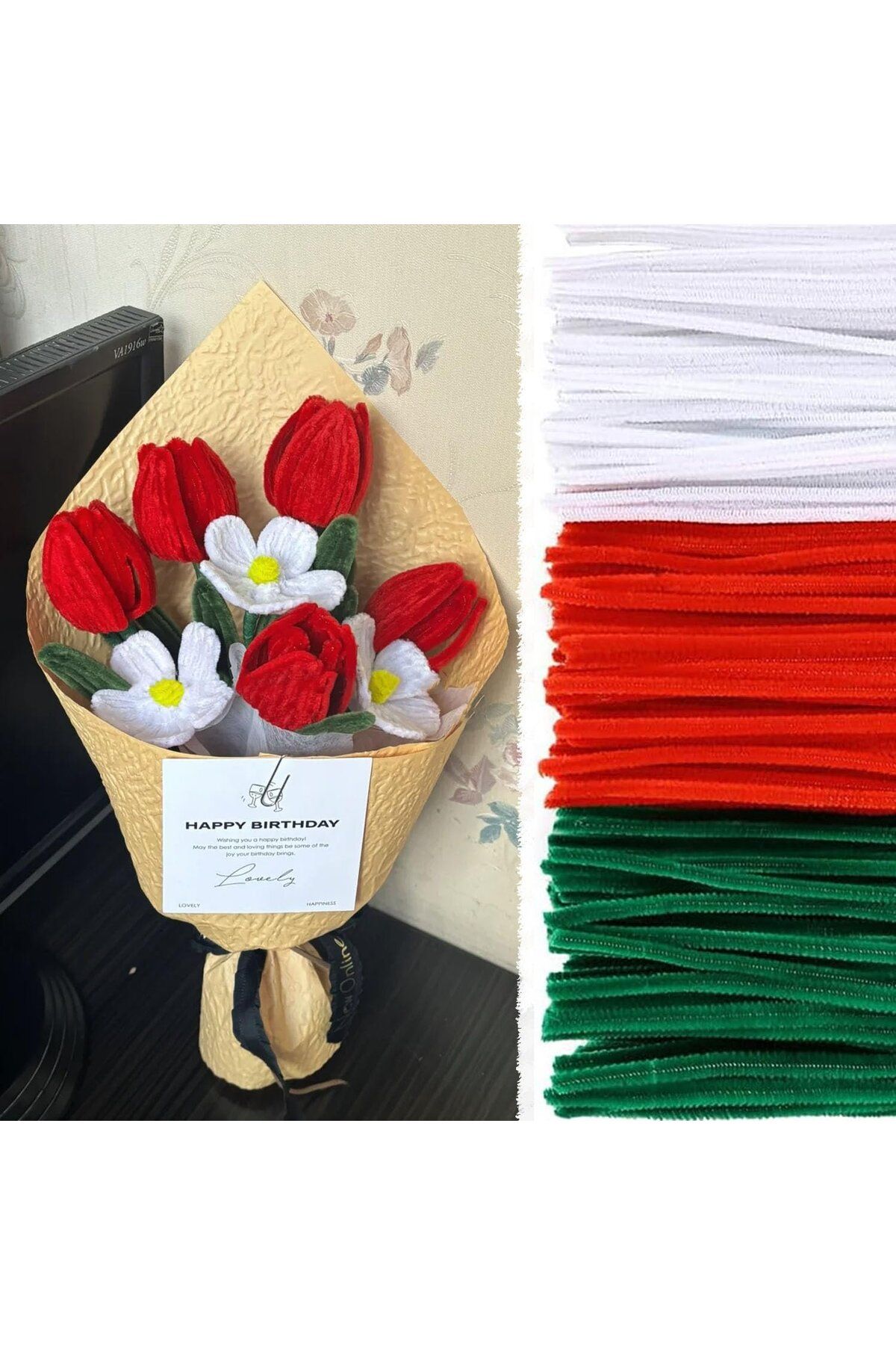 Hobialem 75 Adet Kırmızı, Beyaz, Koyu Yeşil Renkli Şönil , Çiçek Yapım Seti, Tüylü Tel, 30 Cm, Peluş Tel