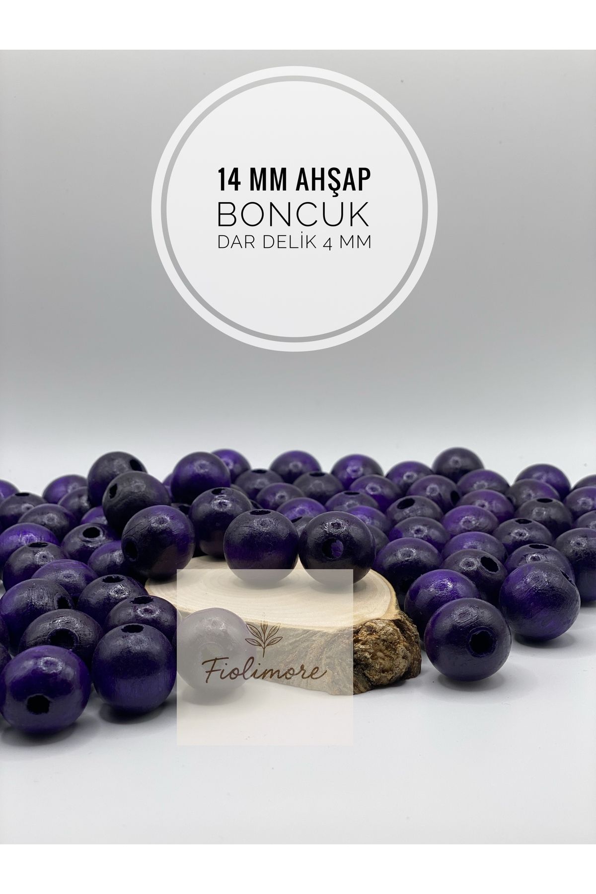 Fiolimore 14 mm Mor Ahşap Boncuk (50 Gram 50 Adet) Delik Çapı 4 mm Yuvarlak Dar Delik Renkli Tahta