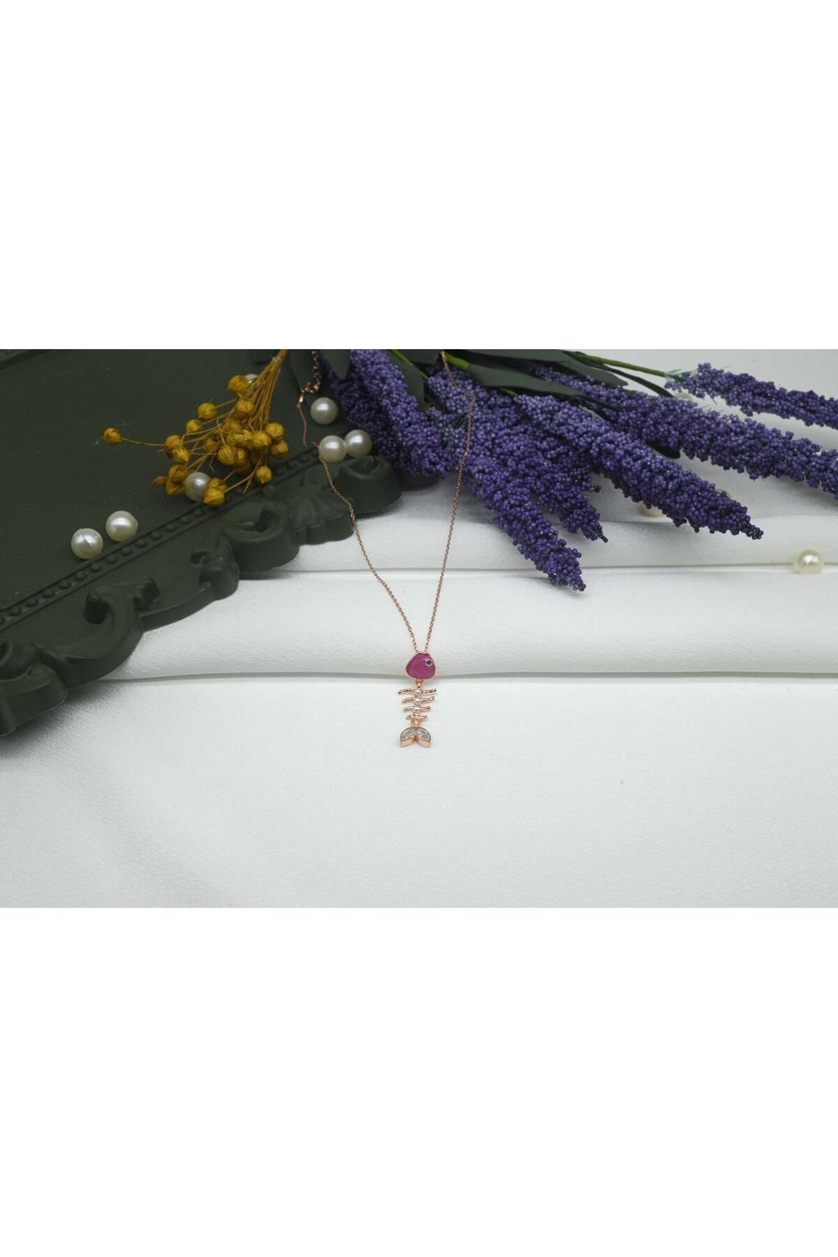 Ocean Silver & Jewelry Kristal Kuvars Taşlı Mine Kılçık Balık Gümüş Kolye