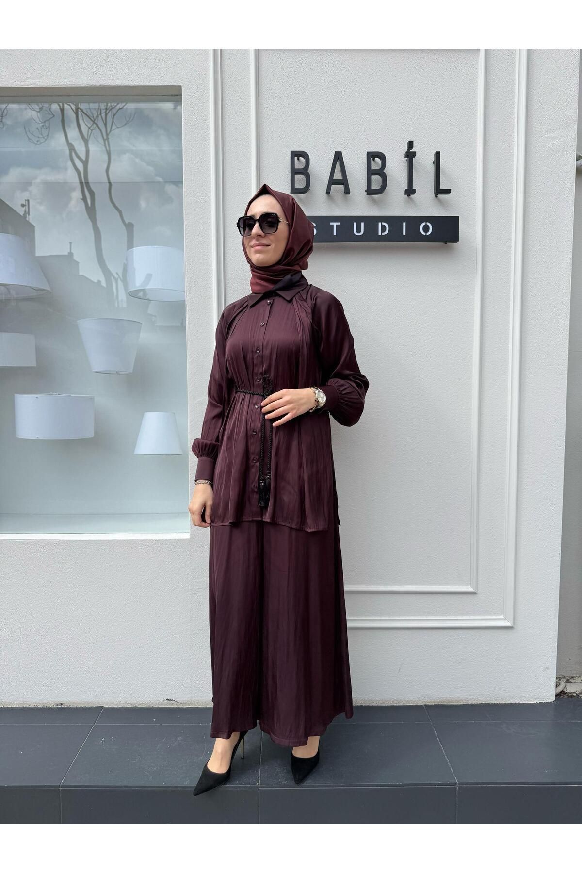 Almarwah Black Kemer Detaylı Saten Kadın Takım Bordo