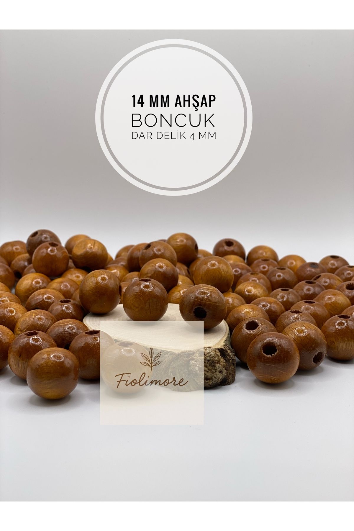 Fiolimore 14 mm Taba Rengi Ahşap Boncuk (50 Gram 50 Adet) Delik Çapı 4 mm Yuvarlak Dar Delik Renkli Tahta