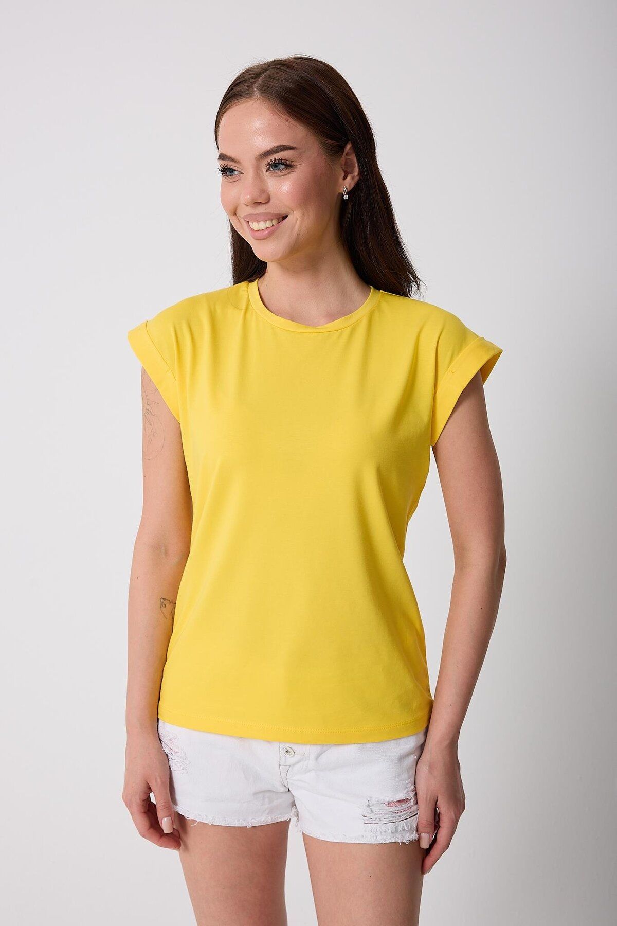 AMİDA Kadın Sarı Likralı Duble Kol Basic T-shirt - 2525